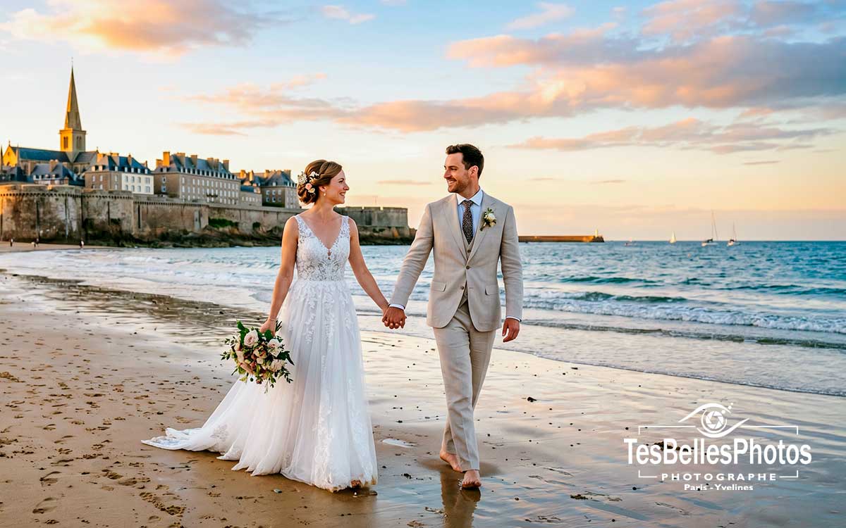Photographe mariage à Saint-Malo – balade des mariés sur la plage de Saint-Malo