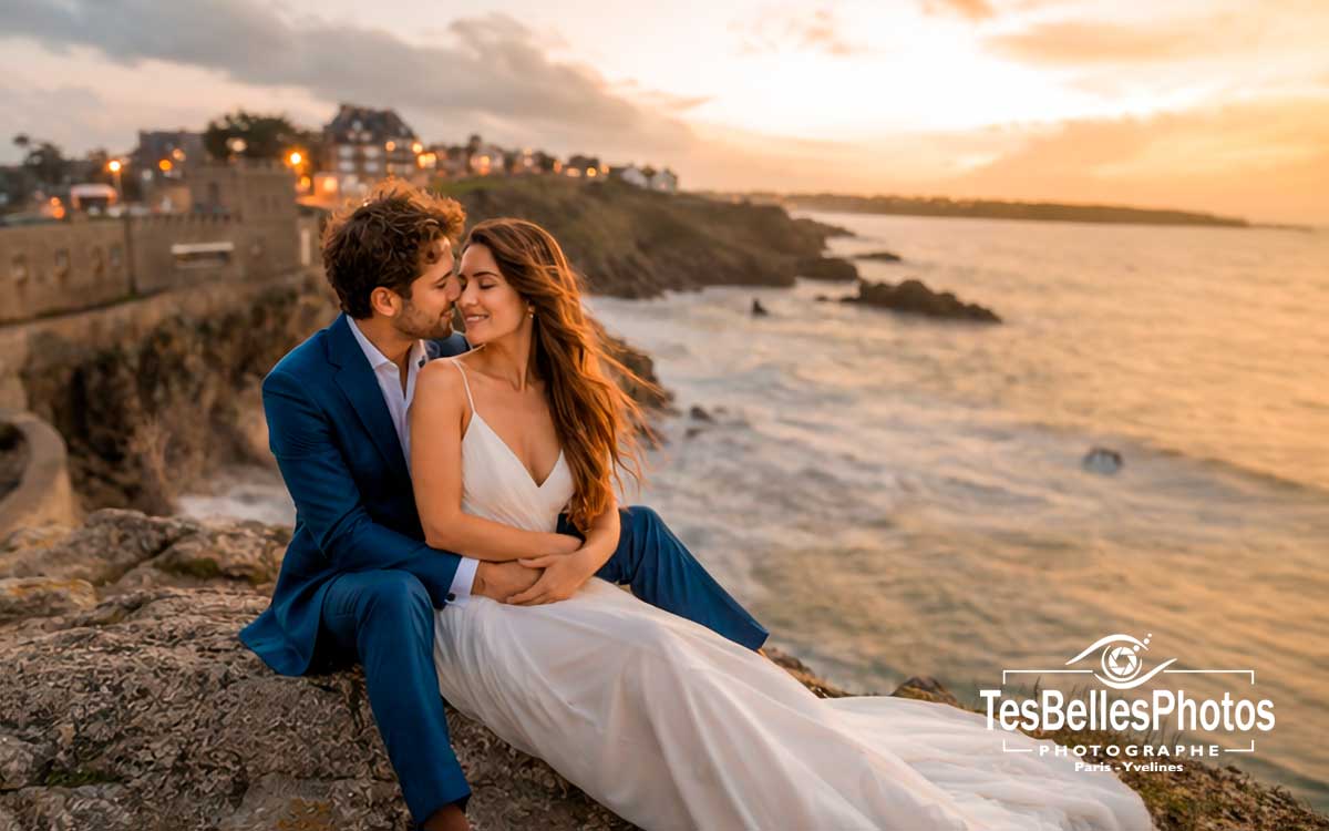 Mariage à Saint‑Lunaire – séance couple naturelle et élégante en bord de mer