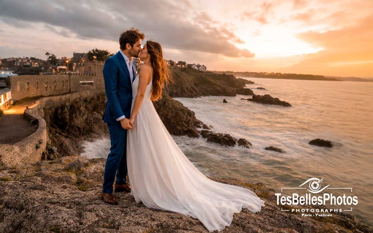 Photo de mariage à Saint-Lunaire – couple de mariés en séance naturelle et élégante au coucher du soleil