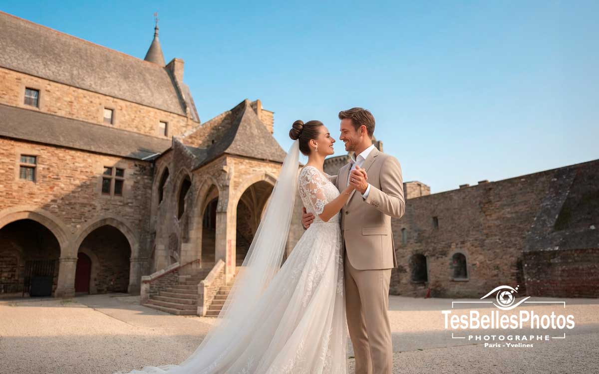 Photographe de mariage à Vitré – couple de mariés au Château de Vitré