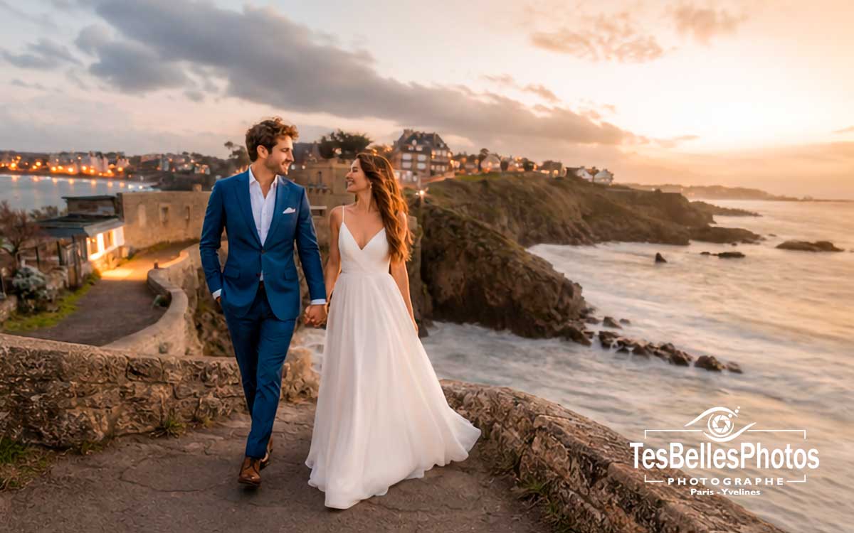 Photographe mariage Saint‑Lunaire – couple de mariés en séance naturelle et élégante en bord de mer