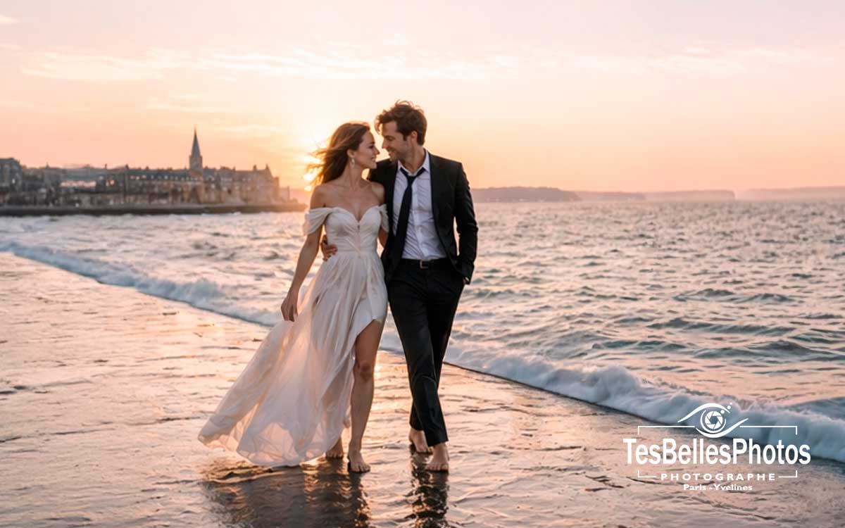 Photographe de mariage à Saint-Malo – photo de couple naturelle sur la plage