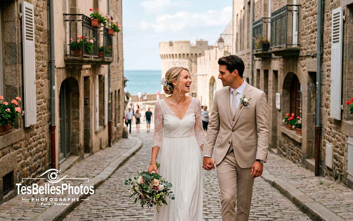 Photographe mariage à Saint-Malo – séance couple dans une ruelle de Saint-Malo